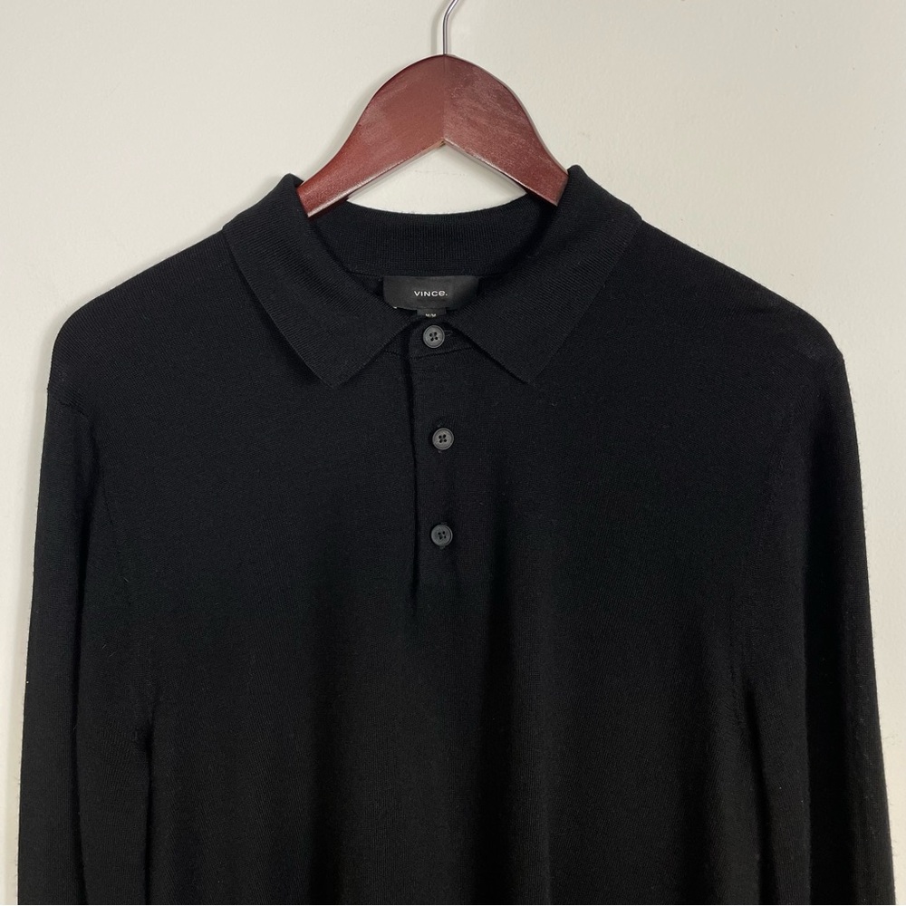Vince Men's Black Wool Long Sleeve Polo Sweater Size M - Picture 2 of 12